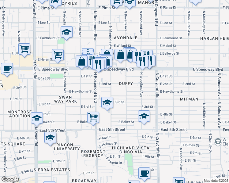 map of restaurants, bars, coffee shops, grocery stores, and more near 5212 East Hawthorne Place in Tucson