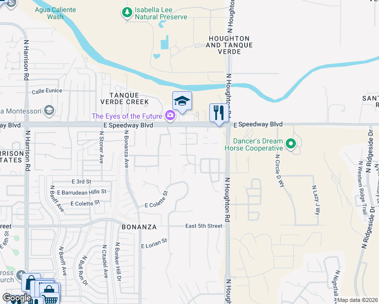 map of restaurants, bars, coffee shops, grocery stores, and more near 10125 East Arizmo Street in Tucson