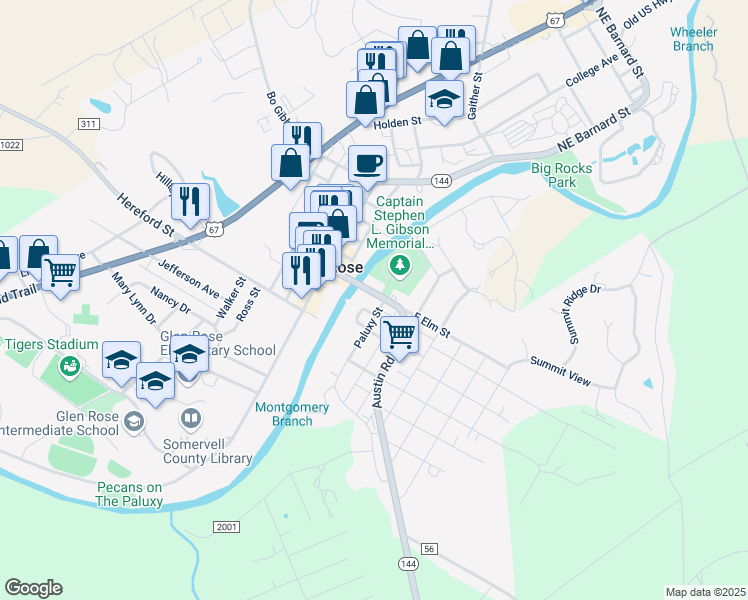 map of restaurants, bars, coffee shops, grocery stores, and more near 202 East Elm Street in Glen Rose