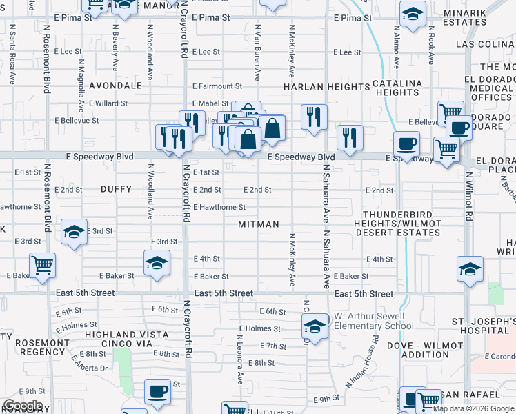 map of restaurants, bars, coffee shops, grocery stores, and more near 951 North Van Buren Avenue in Tucson