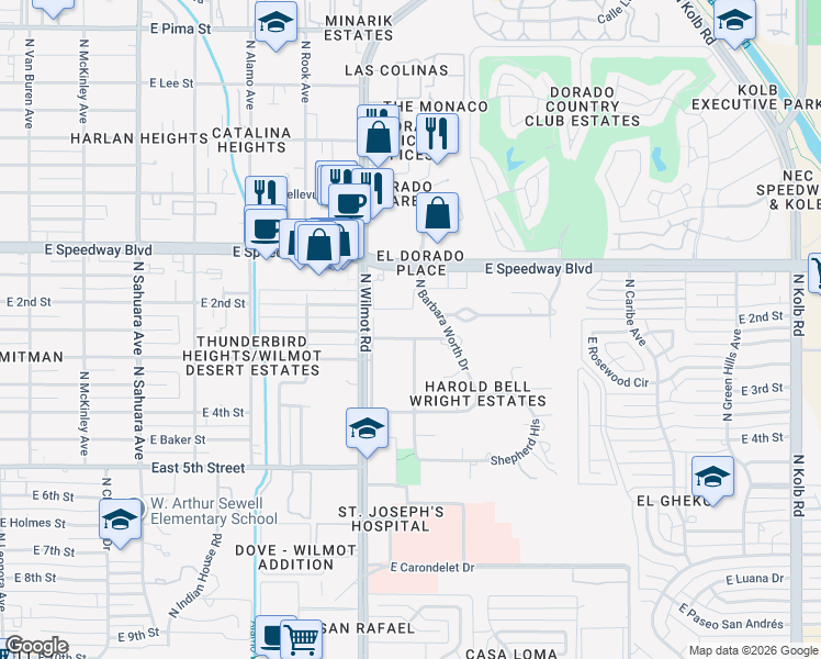 map of restaurants, bars, coffee shops, grocery stores, and more near 6391 East Printer Udell Street in Tucson
