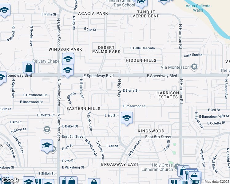 map of restaurants, bars, coffee shops, grocery stores, and more near 9031 East Sierra Street in Tucson