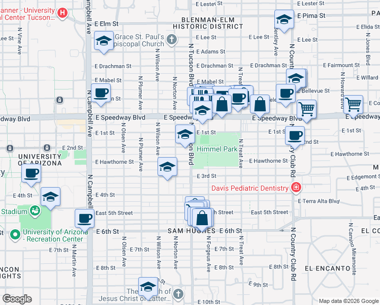 map of restaurants, bars, coffee shops, grocery stores, and more near 937 North Tucson Boulevard in Tucson