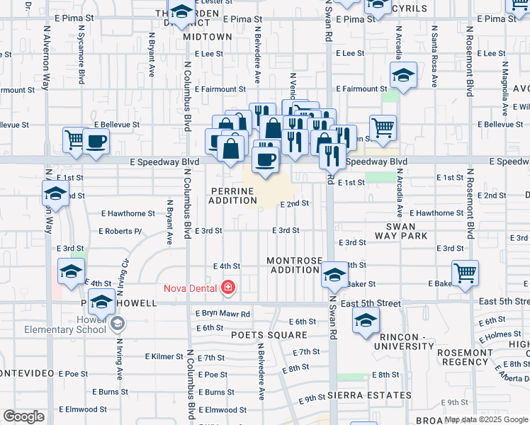map of restaurants, bars, coffee shops, grocery stores, and more near 926 North Belvedere Avenue in Tucson