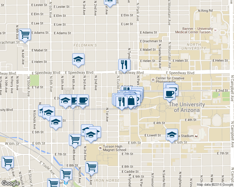 map of restaurants, bars, coffee shops, grocery stores, and more near in Tucson