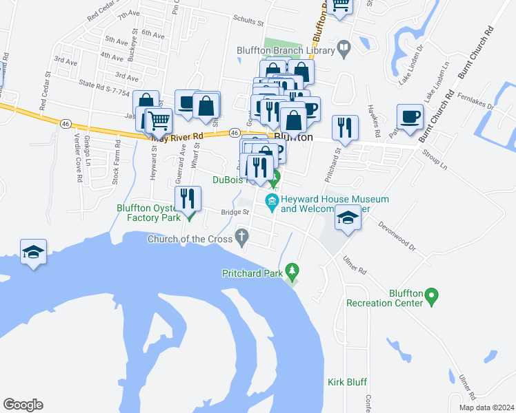 map of restaurants, bars, coffee shops, grocery stores, and more near 21 Green Street in Bluffton