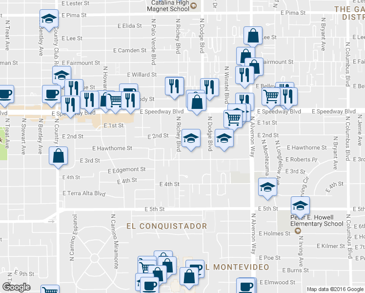 map of restaurants, bars, coffee shops, grocery stores, and more near 938 North Richey Boulevard in Tucson