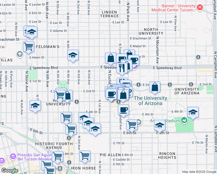 map of restaurants, bars, coffee shops, grocery stores, and more near 931 North Euclid Avenue in Tucson