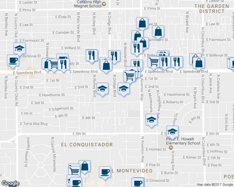 map of restaurants, bars, coffee shops, grocery stores, and more near 938 North Dodge Boulevard in Tucson