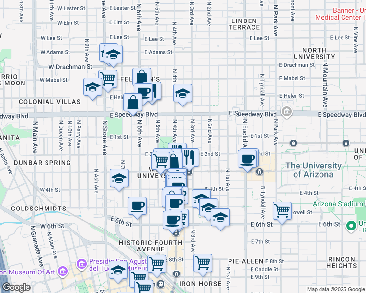 map of restaurants, bars, coffee shops, grocery stores, and more near 913 North Hoff Avenue in Tucson