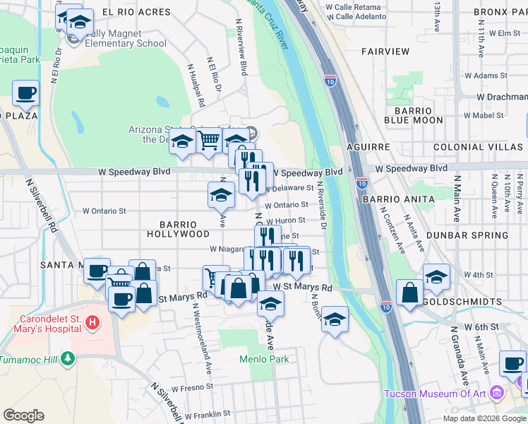 map of restaurants, bars, coffee shops, grocery stores, and more near 814 North Grande Avenue in Tucson