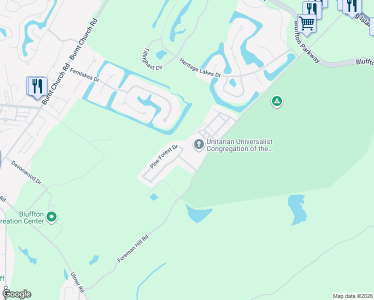 map of restaurants, bars, coffee shops, grocery stores, and more near 122 Malphrus Road in Bluffton