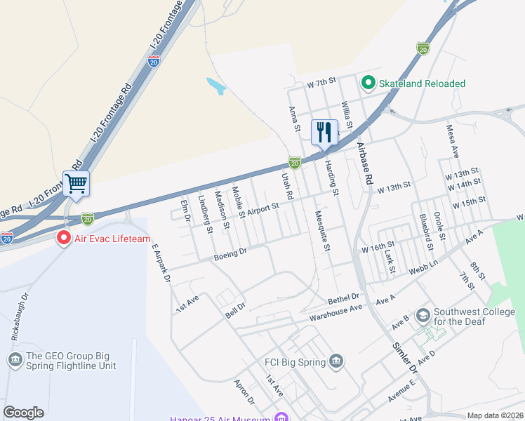 map of restaurants, bars, coffee shops, grocery stores, and more near 1301 Wright Street in Big Spring