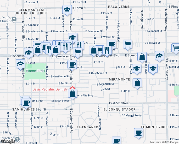 map of restaurants, bars, coffee shops, grocery stores, and more near 3249 East Hawthorne Street in Tucson