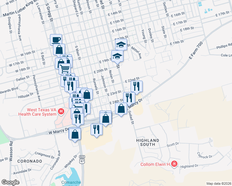 map of restaurants, bars, coffee shops, grocery stores, and more near 301-399 East 23rd Street in Big Spring