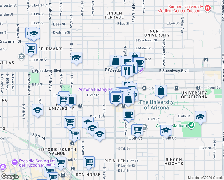 map of restaurants, bars, coffee shops, grocery stores, and more near 931 North Euclid Avenue in Tucson