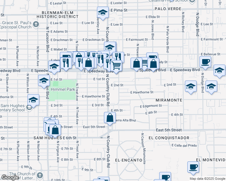 map of restaurants, bars, coffee shops, grocery stores, and more near 930 North Country Club Road in Tucson