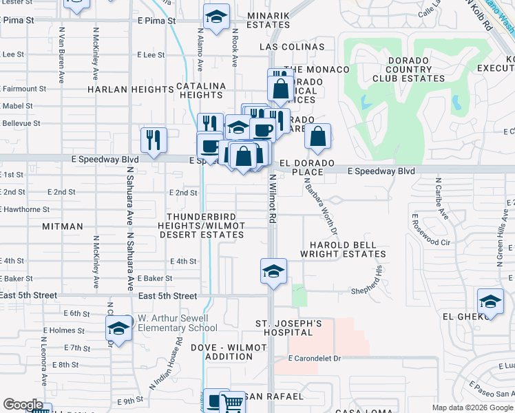 map of restaurants, bars, coffee shops, grocery stores, and more near 6249 East Hawthorne Street in Tucson
