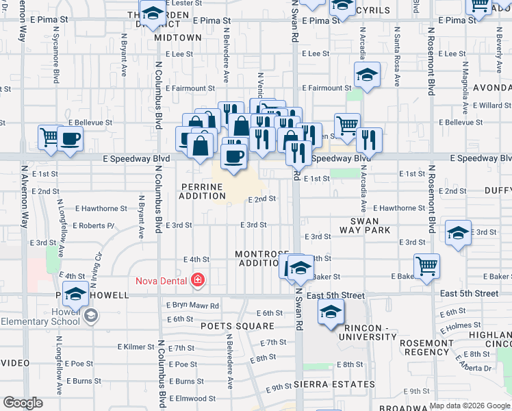 map of restaurants, bars, coffee shops, grocery stores, and more near 955 North Venice Avenue in Tucson