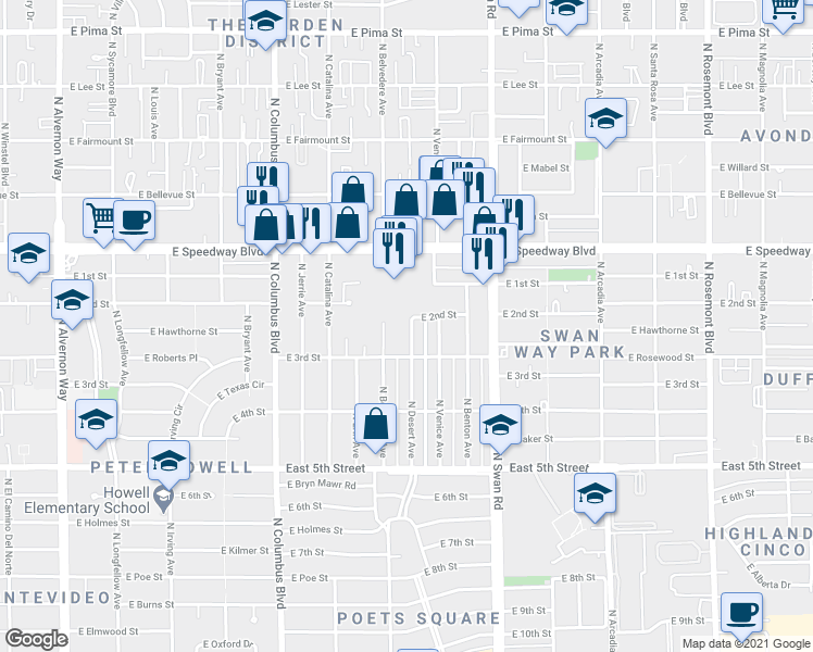 map of restaurants, bars, coffee shops, grocery stores, and more near 926 North Belvedere Avenue in Tucson