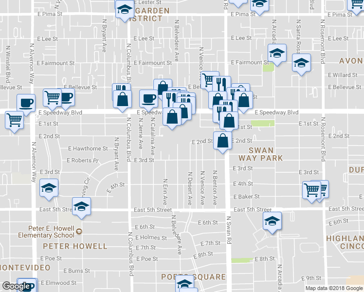 map of restaurants, bars, coffee shops, grocery stores, and more near 926 North Belvedere Avenue in Tucson