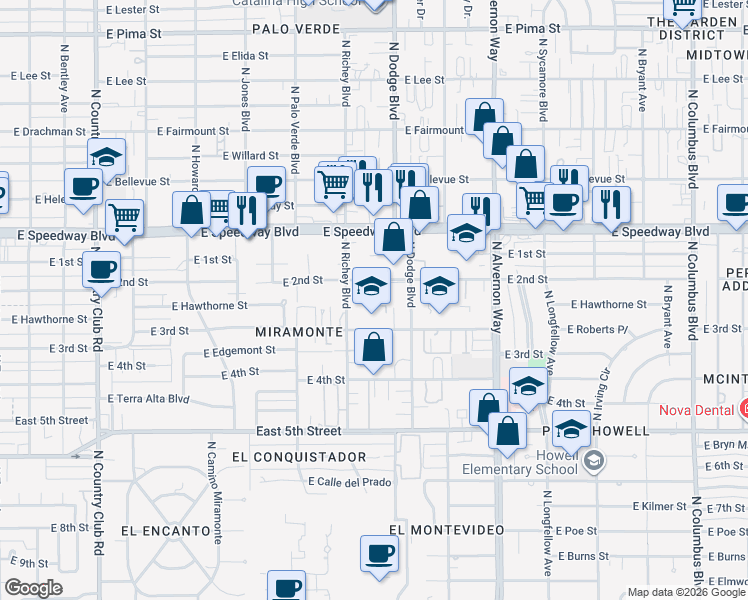 map of restaurants, bars, coffee shops, grocery stores, and more near 938 North Chrysler Drive in Tucson