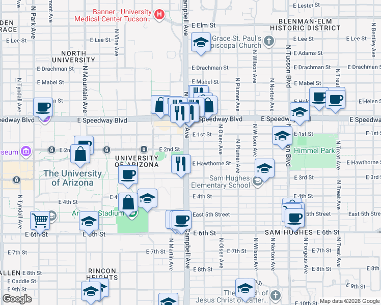 map of restaurants, bars, coffee shops, grocery stores, and more near 1928 East 2nd Street in Tucson