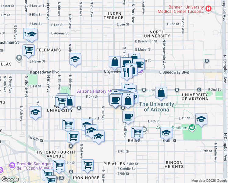 map of restaurants, bars, coffee shops, grocery stores, and more near in Tucson