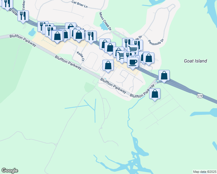 map of restaurants, bars, coffee shops, grocery stores, and more near 14 Old South Court in Bluffton