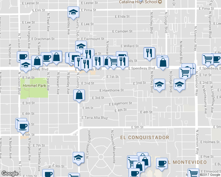 map of restaurants, bars, coffee shops, grocery stores, and more near 3315 East Hawthorne Street in Tucson
