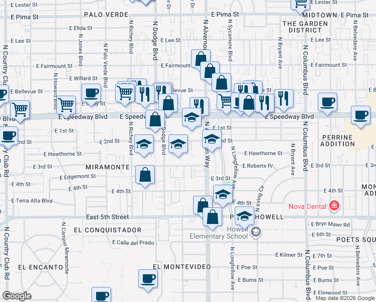 map of restaurants, bars, coffee shops, grocery stores, and more near 3800 East 2nd Street in Tucson