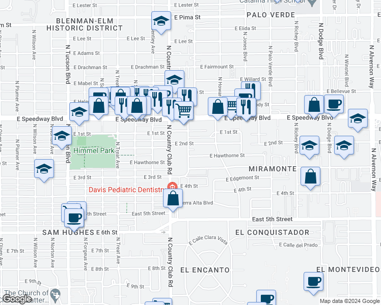 map of restaurants, bars, coffee shops, grocery stores, and more near 3201 East Hawthorne Street in Tucson