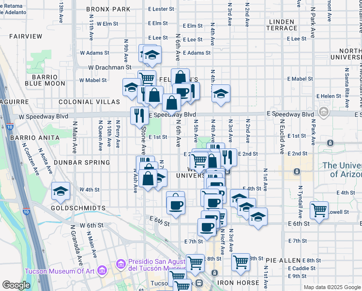 map of restaurants, bars, coffee shops, grocery stores, and more near 924 North 6th Avenue in Tucson