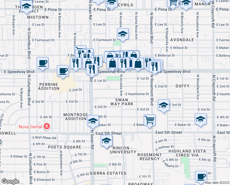 map of restaurants, bars, coffee shops, grocery stores, and more near 4838 East 2nd Street in Tucson