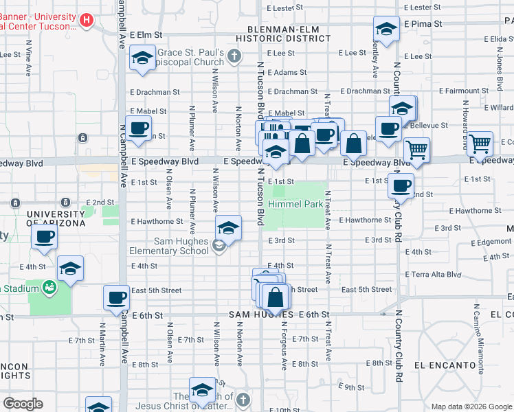 map of restaurants, bars, coffee shops, grocery stores, and more near 2450 East 2nd Street in Tucson