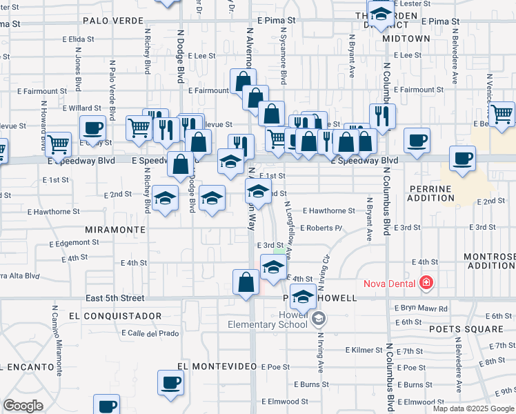 map of restaurants, bars, coffee shops, grocery stores, and more near 925 North Montezuma Avenue in Tucson