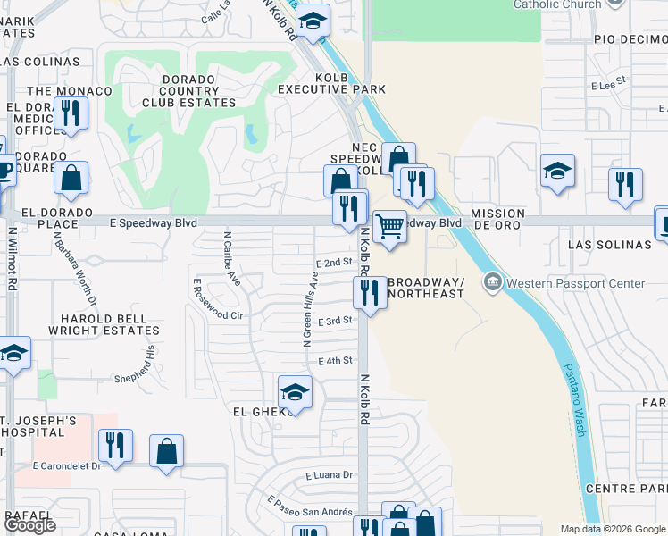 map of restaurants, bars, coffee shops, grocery stores, and more near 7022 East 2nd Street in Tucson