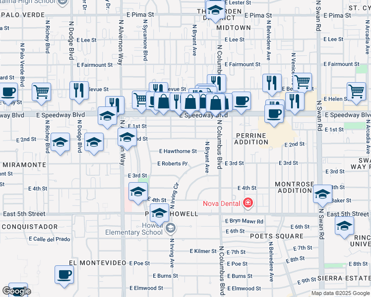 map of restaurants, bars, coffee shops, grocery stores, and more near 4133 East Hawthorne Street in Tucson
