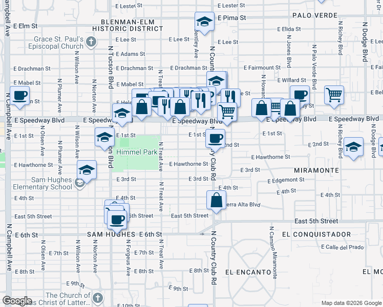 map of restaurants, bars, coffee shops, grocery stores, and more near 3008 East 2nd Street in Tucson