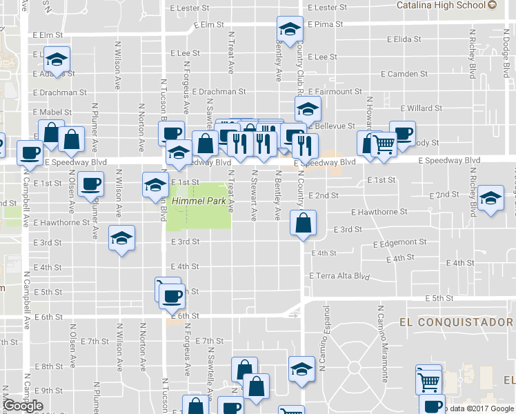 map of restaurants, bars, coffee shops, grocery stores, and more near 2906 E 2nd St in Tucson