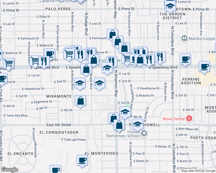 map of restaurants, bars, coffee shops, grocery stores, and more near 3830 East 2nd Street in Tucson