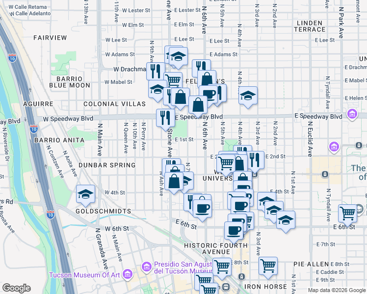 map of restaurants, bars, coffee shops, grocery stores, and more near 927 North 7th Avenue in Tucson