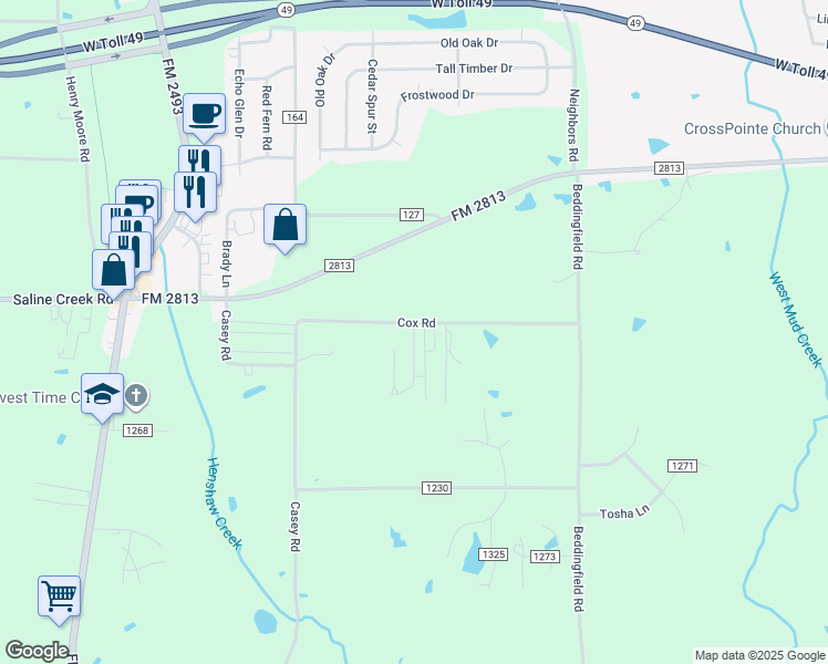 map of restaurants, bars, coffee shops, grocery stores, and more near 10263 County Road 135 in Flint