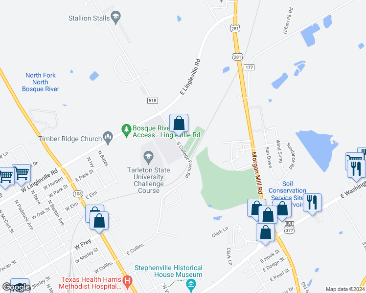 map of restaurants, bars, coffee shops, grocery stores, and more near 1102 South College Farm Road in Stephenville