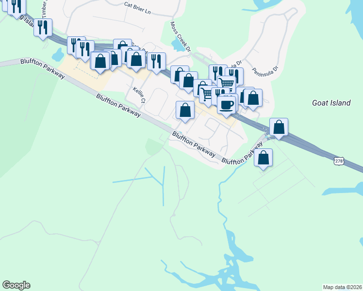 map of restaurants, bars, coffee shops, grocery stores, and more near 10 Old South Court in Bluffton