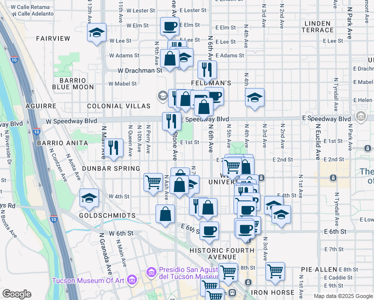 map of restaurants, bars, coffee shops, grocery stores, and more near 920 North Stone Avenue in Tucson
