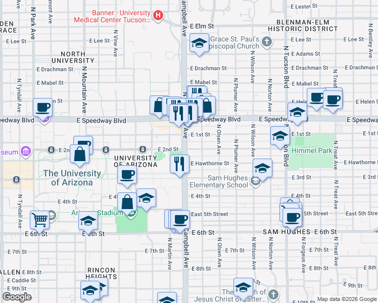map of restaurants, bars, coffee shops, grocery stores, and more near 934 North Campbell Avenue in Tucson
