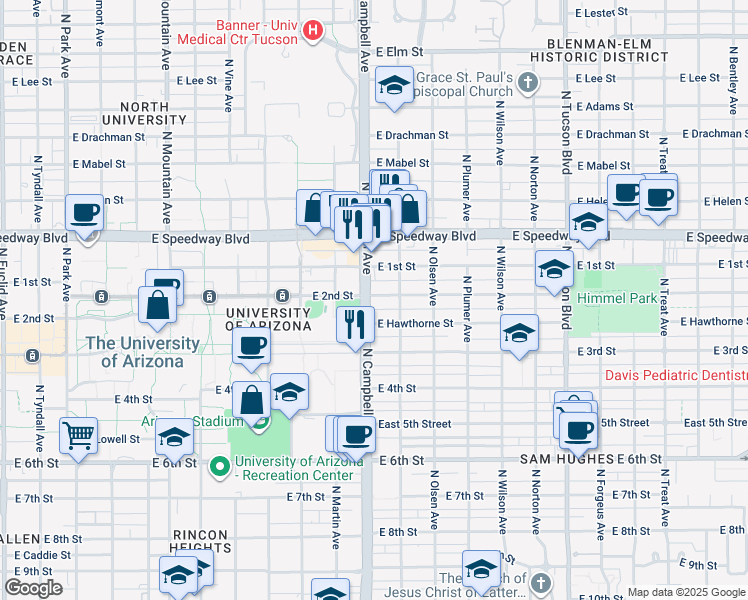 map of restaurants, bars, coffee shops, grocery stores, and more near 934 North Campbell Avenue in Tucson