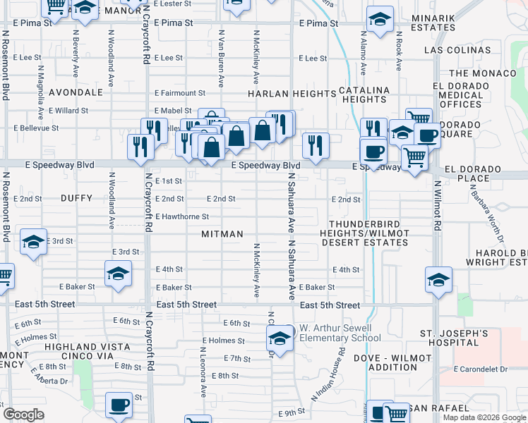 map of restaurants, bars, coffee shops, grocery stores, and more near 5819 East Hawthorne Street in Tucson