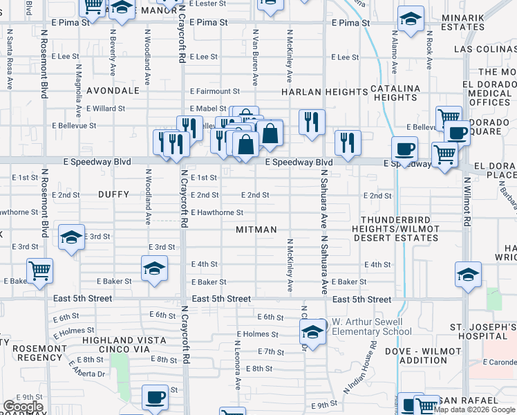 map of restaurants, bars, coffee shops, grocery stores, and more near 951-999 North Van Buren Avenue in Tucson